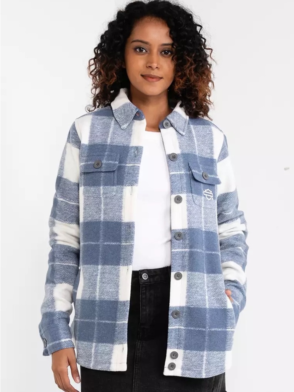 Harley-Davidson Onward Blue White Plaid Flannel Utility Shirt Jacket | Size XL